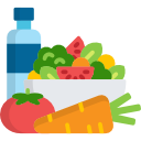 Illustration of water bottle, carrot, salad, and tomato
